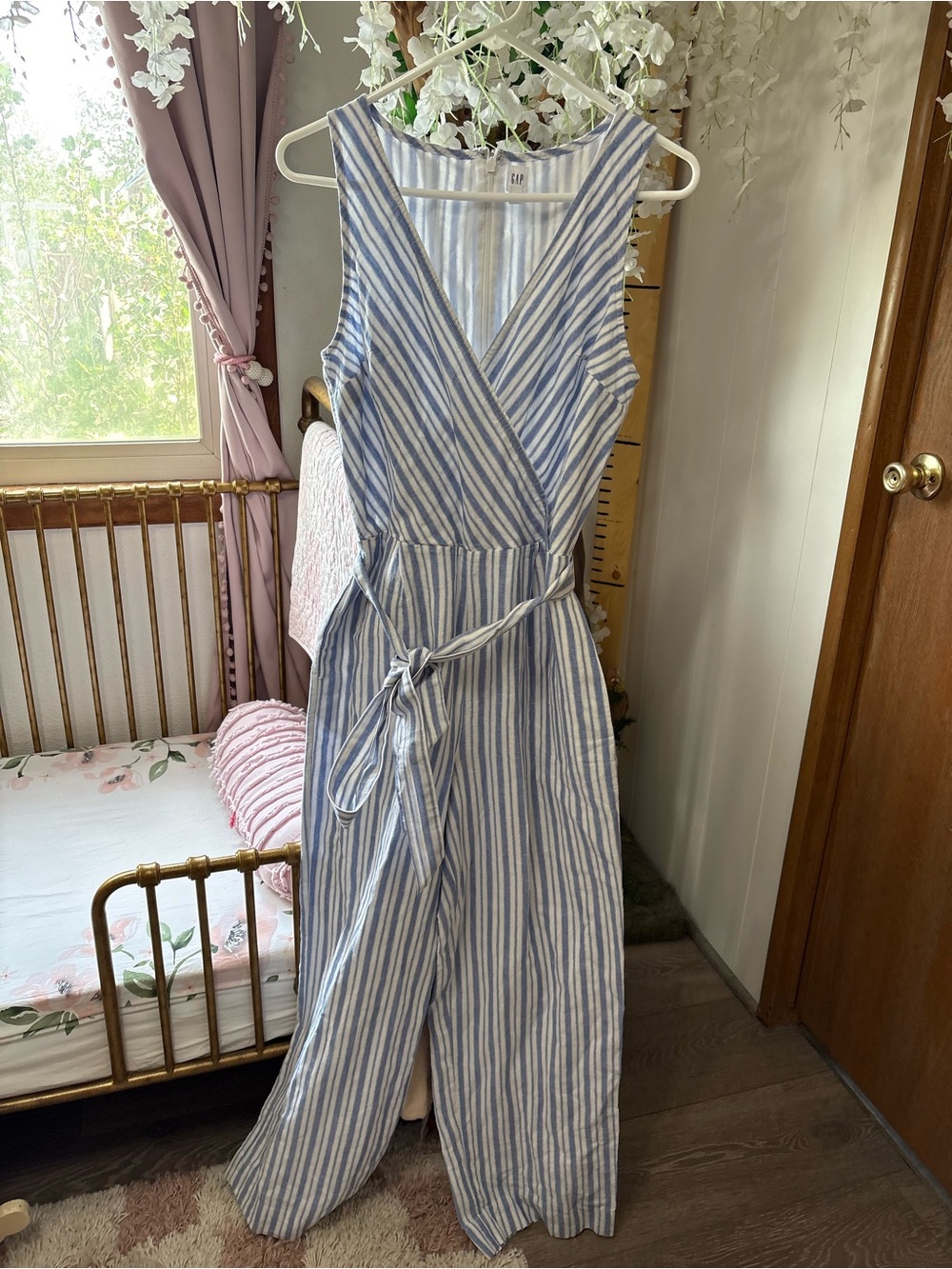 GAP Blue and White Striped Sleeveless Wrap Jumpsuit